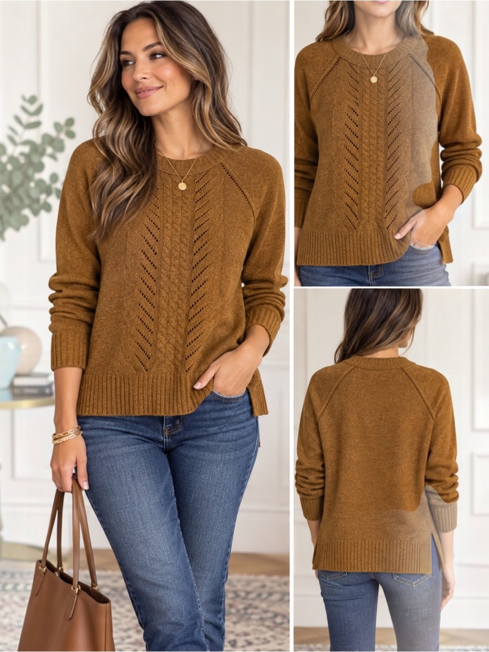 J.Crew B5916 Merino Wool Pointelle Cable Knit Sweater L Camel Brown 100% Wool